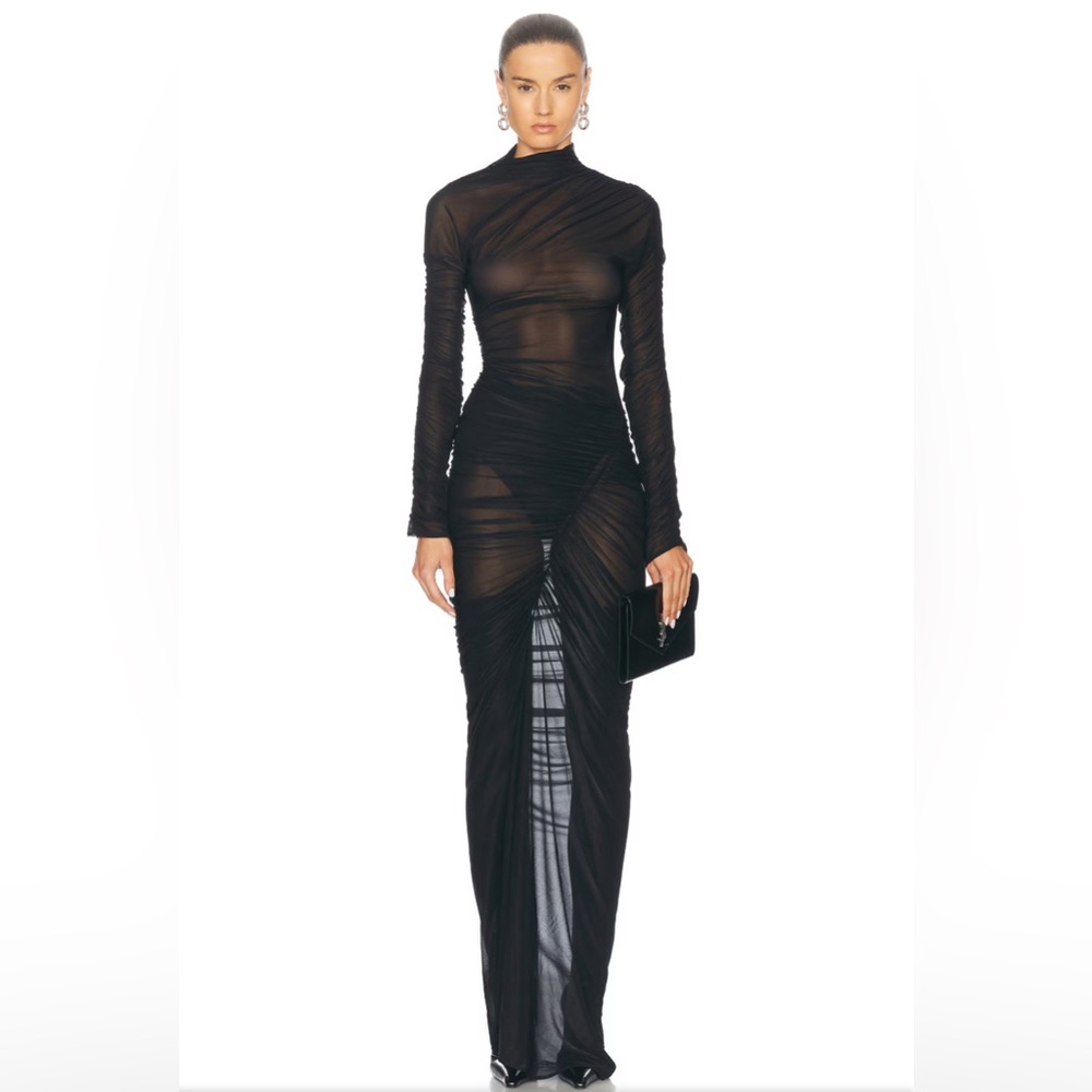 NEW NWT Atlein Hyper Ruched Long Dress in Black FWRD sheer long sleeve bodycon